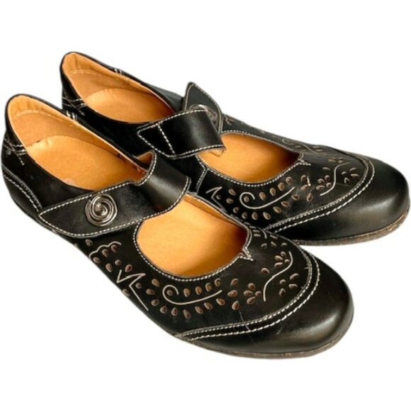 Spring Step Shoes - Spring Step Bethany Laser Perforated Leather Mary Jane Wingtips - Black - 10